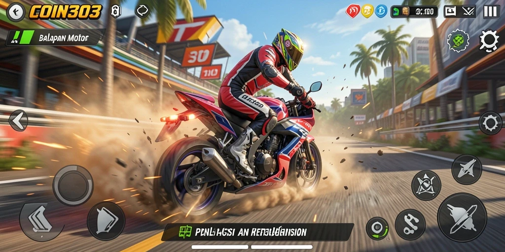 Gameplay aksi balapan motor di COIN303 yang seru.
